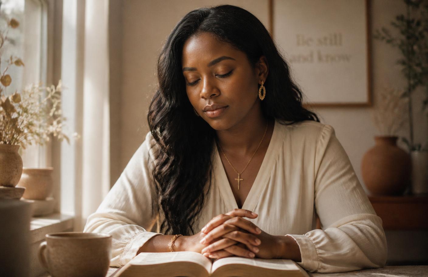 Une femme priant paisiblement près d'une fenêtre, les mains posées sur une Bible ouverte