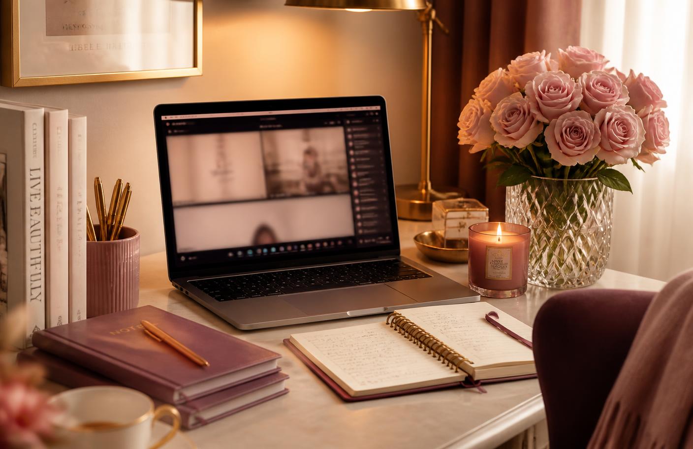 Un bureau élégant avec un ordinateur portable ouvert sur une session en visio, un carnet et des roses