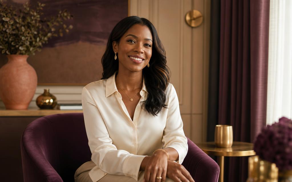 Une femme noire élégante en chemisier crème, joaillerie dorée, dans un intérieur chaleureux aux tons prune et terracotta