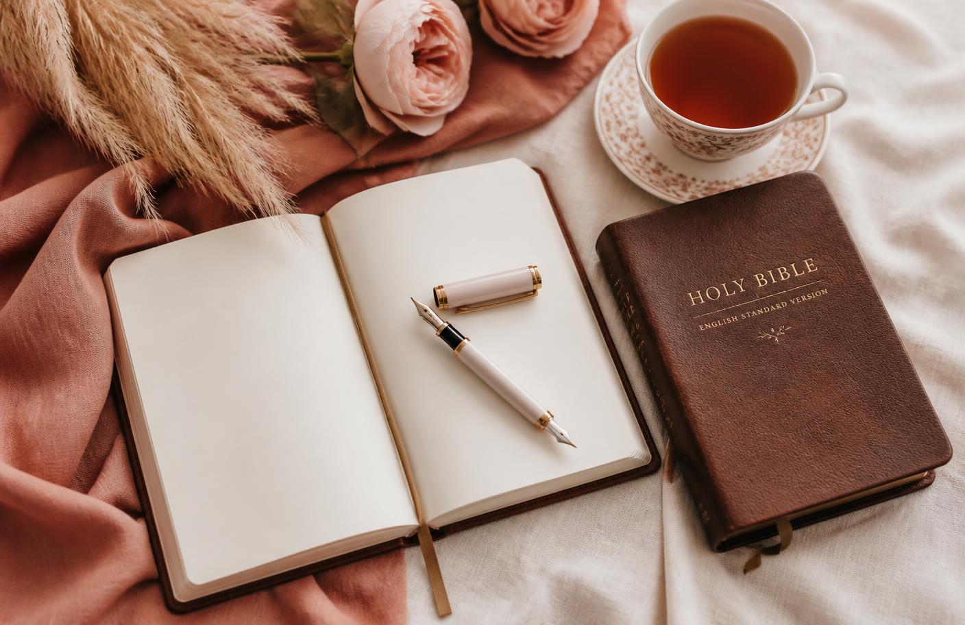 Un carnet ouvert, une Bible, une tasse de thé et des roses, symbole du carnet de transformation